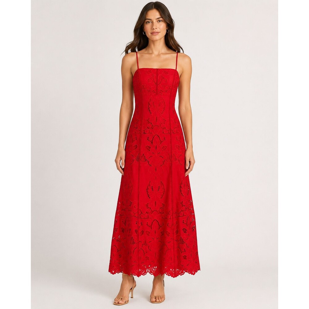NWT WHBM Goji Berry Cutwork Lace Maxi Dress Size 6 Red $230